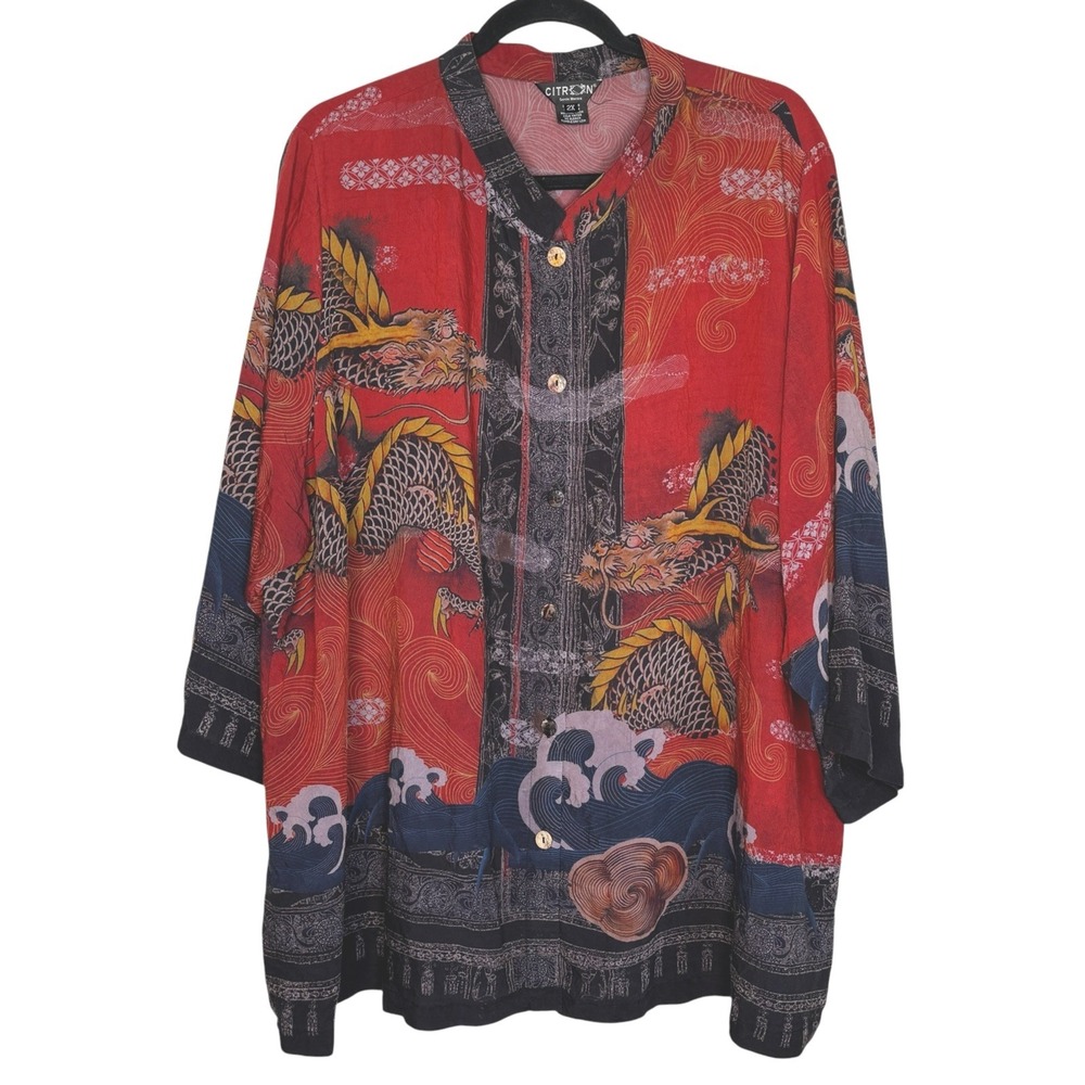 Citron Santa Monica Boho Asian Art To Wear Dragon Waves Tunic Top 2X Oversize